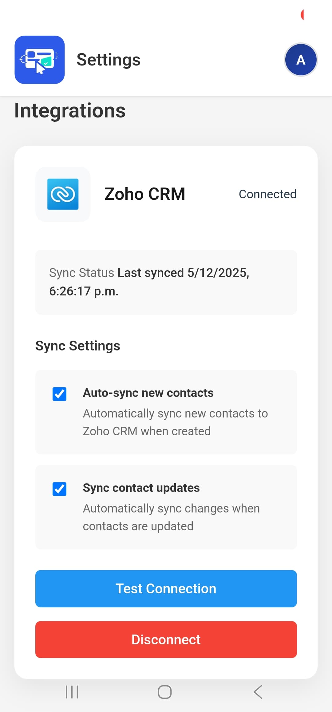 Settings - Zoho CRM Integration